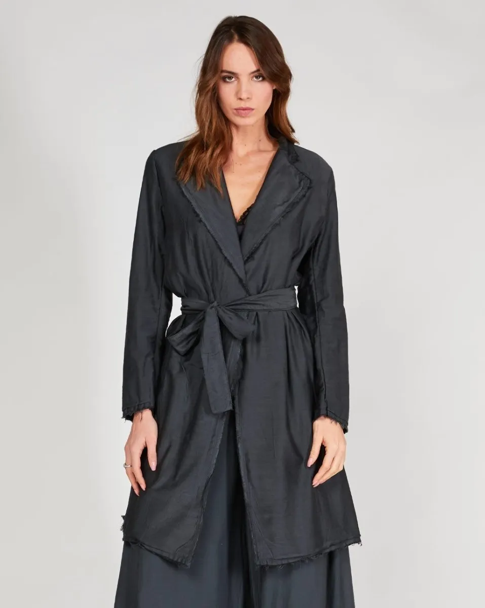 Raw Hem Belted Long Blazer
