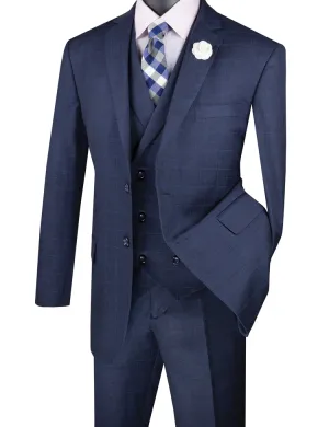 Regular Fit Glen Plaid 2 Button 3 Piece Suit (Navy) V2RW-13