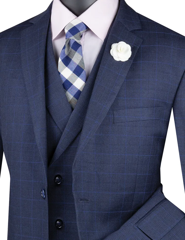 Regular Fit Glen Plaid 2 Button 3 Piece Suit (Navy) V2RW-13