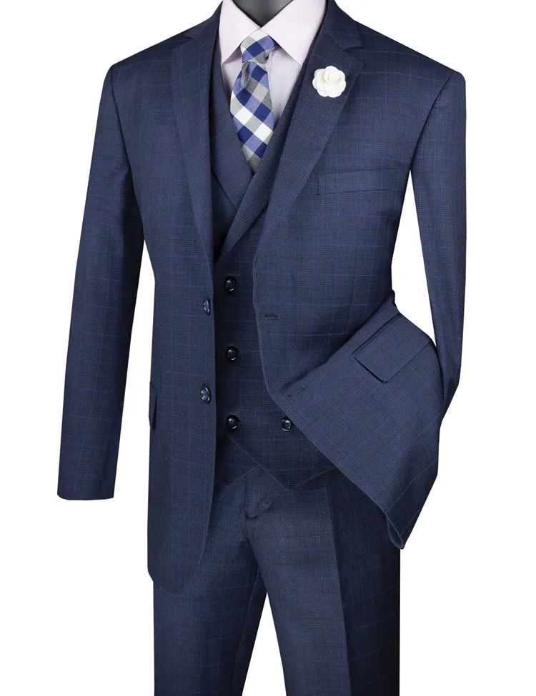 Regular Fit Glen Plaid 2 Button 3 Piece Suit (Navy) V2RW-13