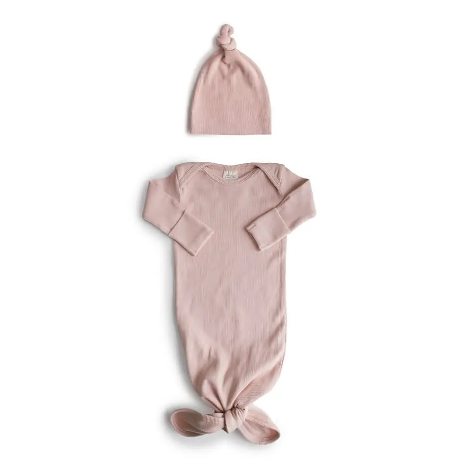 Ribbed Knotted Baby Gown   Beanie Set