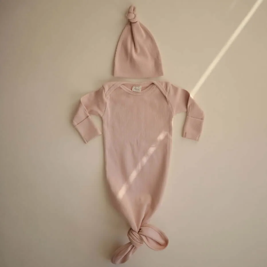 Ribbed Knotted Baby Gown   Beanie Set