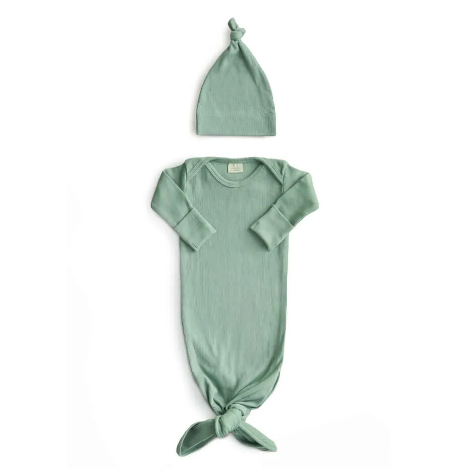 Ribbed Knotted Baby Gown   Beanie Set