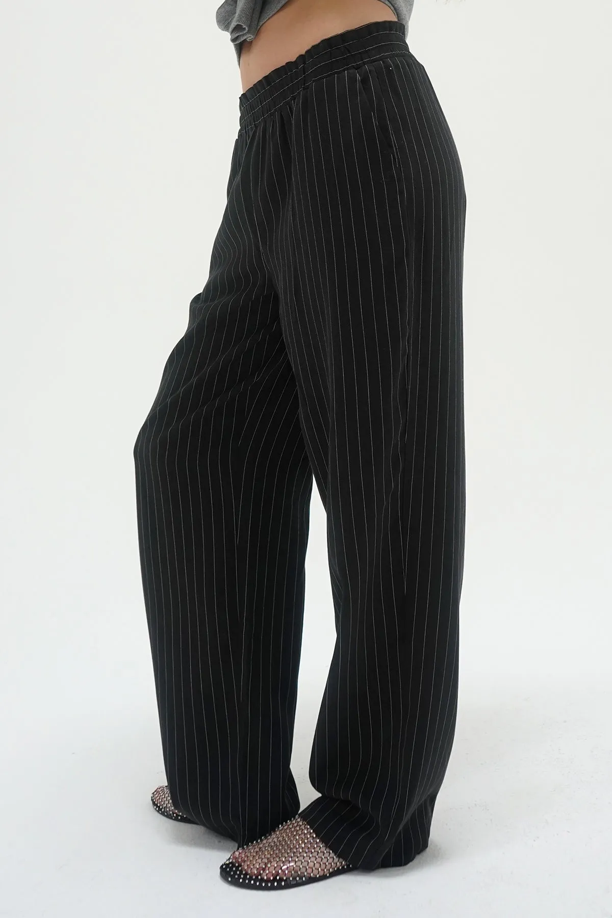 Santo Pinstripe Elastic Waist Pant - Black White Pinstripe