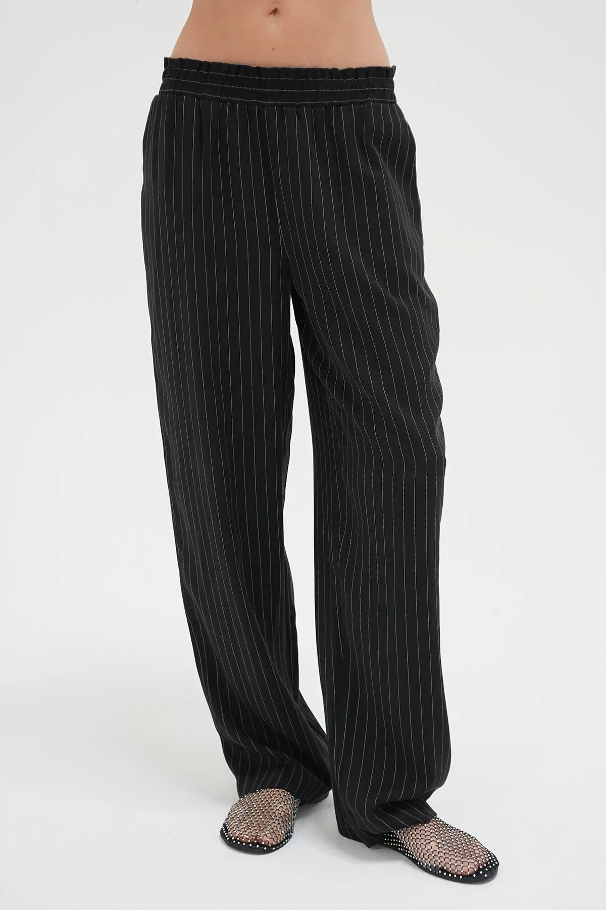Santo Pinstripe Elastic Waist Pant - Black White Pinstripe
