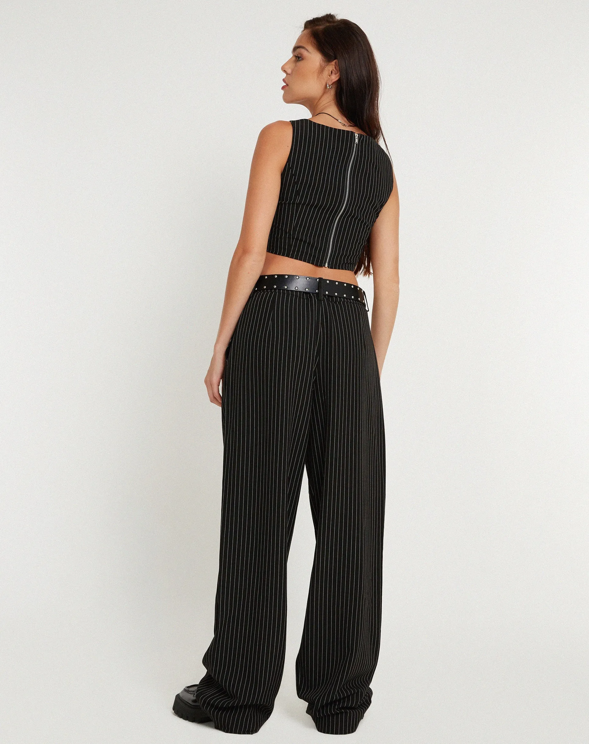 Saskira Wide Leg Trouser in Pinstripe Black
