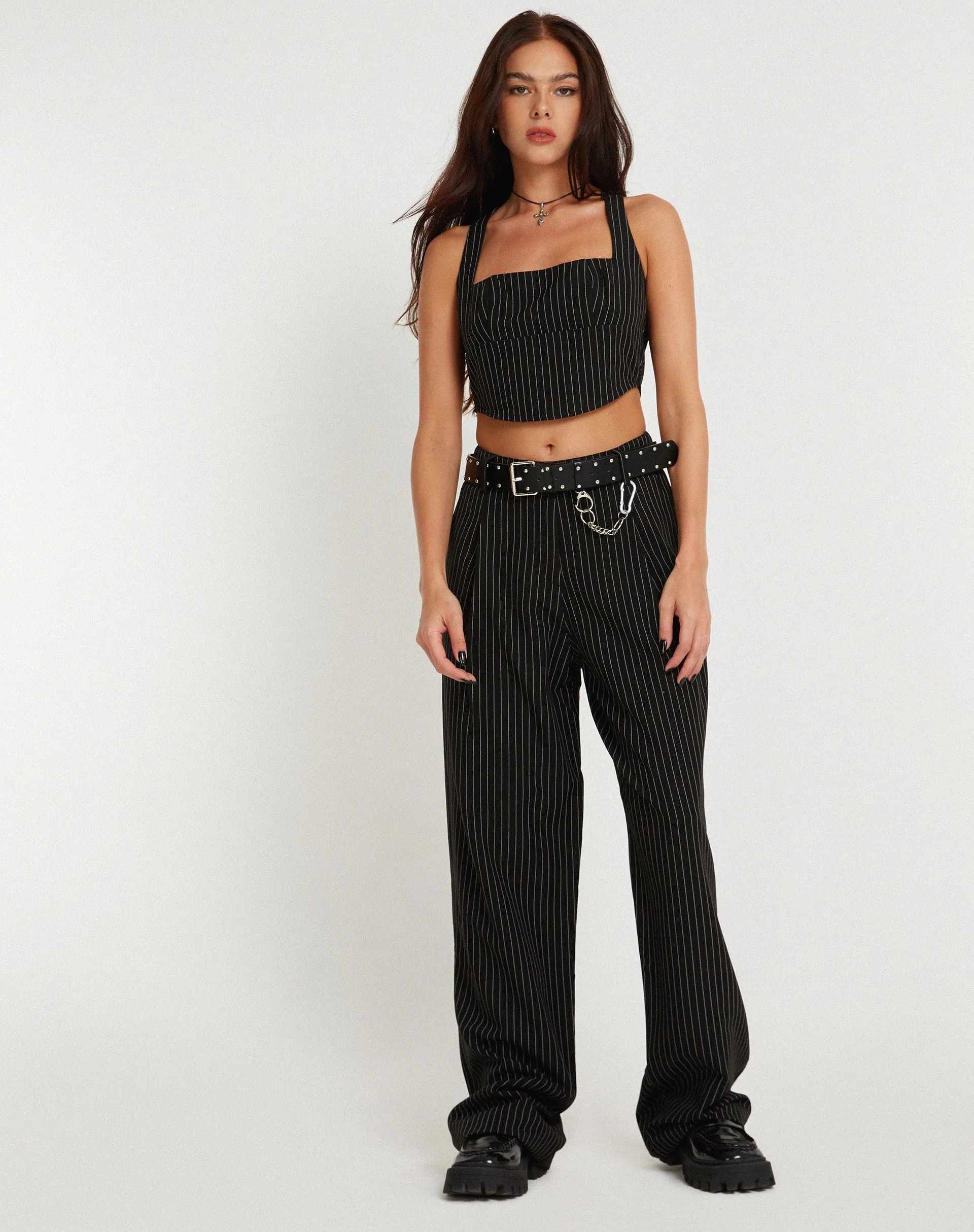 Saskira Wide Leg Trouser in Pinstripe Black
