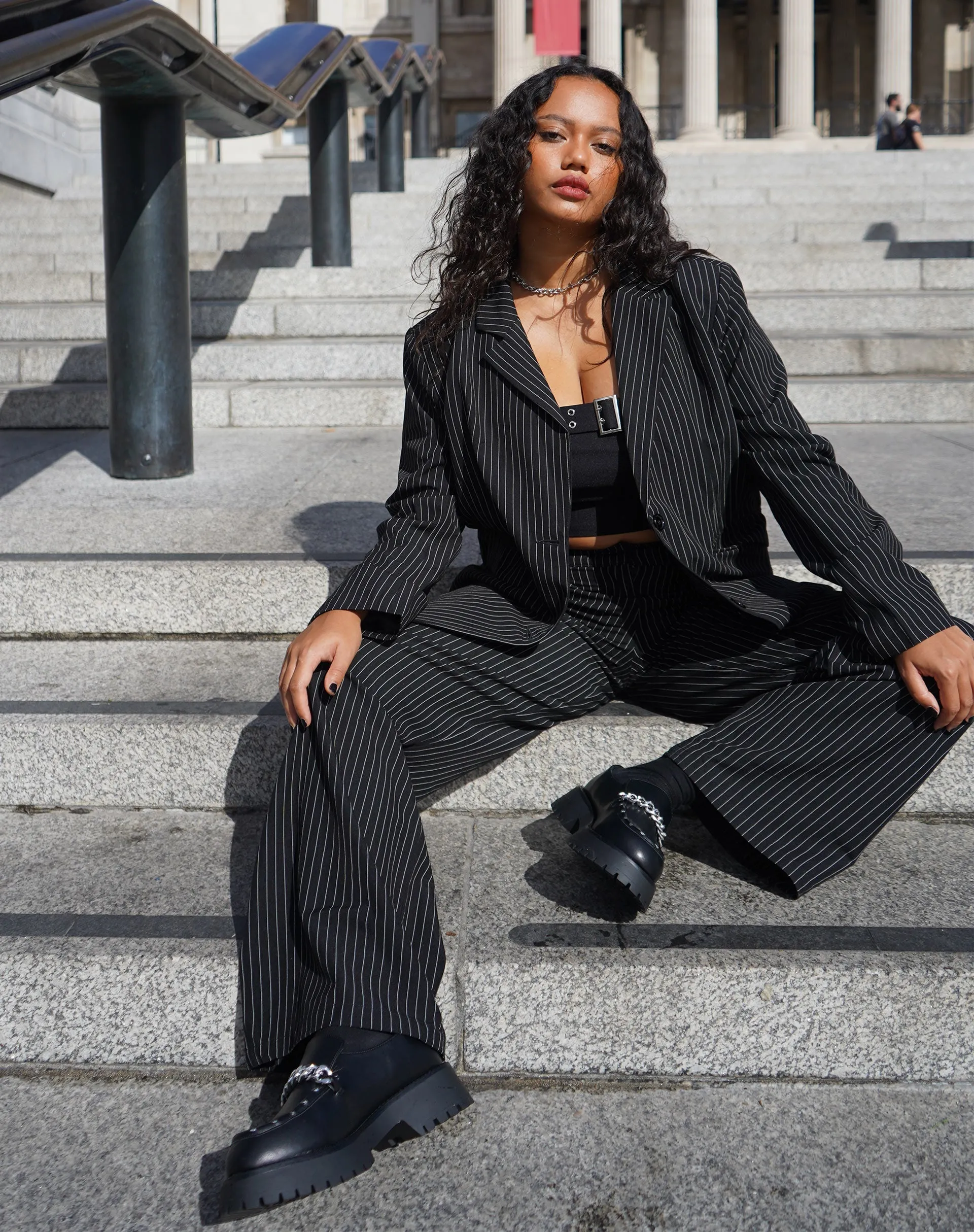 Saskira Wide Leg Trouser in Pinstripe Black