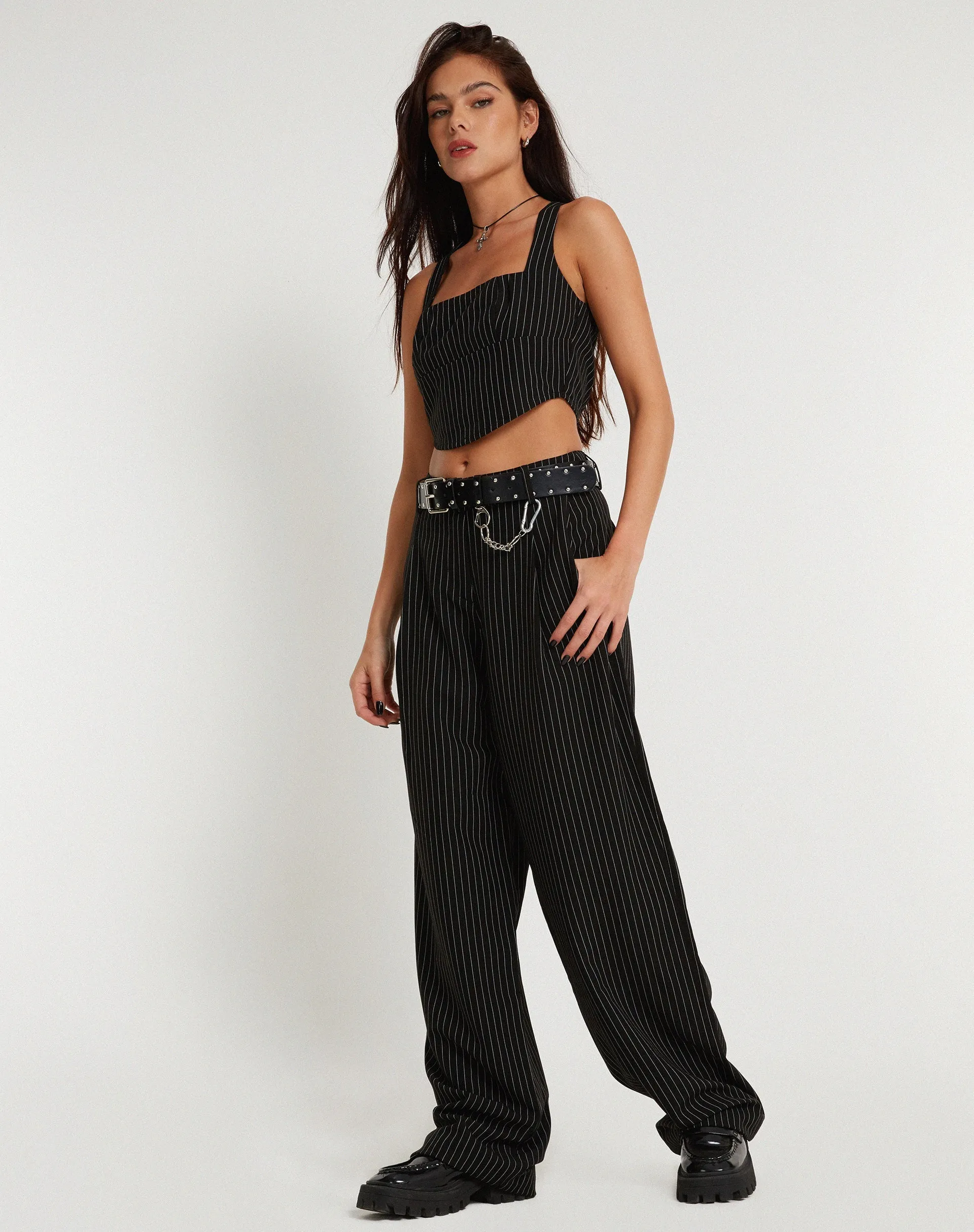 Saskira Wide Leg Trouser in Pinstripe Black