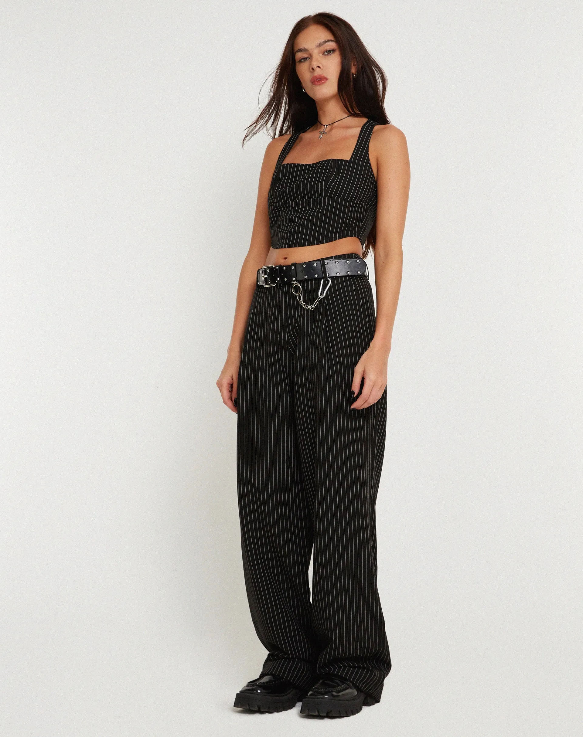 Saskira Wide Leg Trouser in Pinstripe Black