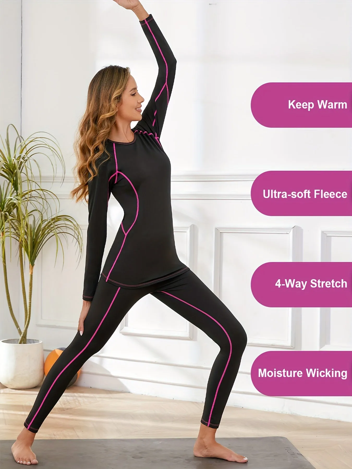 Seamless Thermal Underwear Set, Long Sleeve Crew Neck Tops & Pants, Women's Loungewear & Underwear