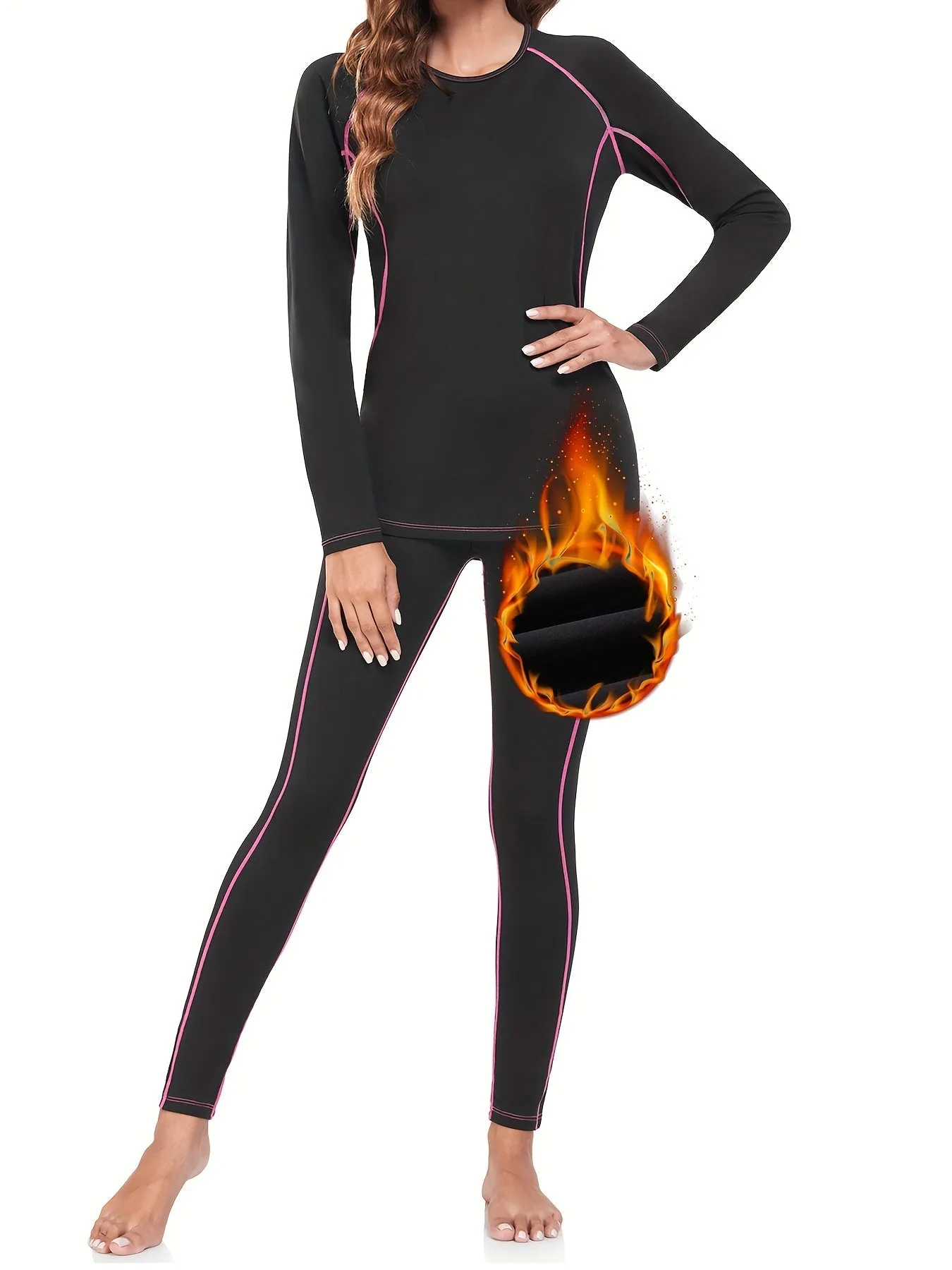 Seamless Thermal Underwear Set, Long Sleeve Crew Neck Tops & Pants, Women's Loungewear & Underwear