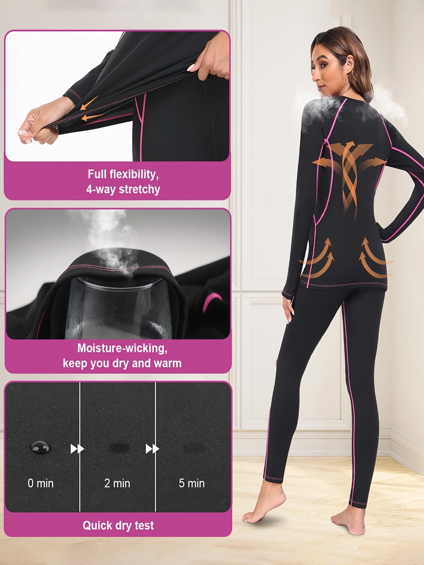 Seamless Thermal Underwear Set, Long Sleeve Crew Neck Tops & Pants, Women's Loungewear & Underwear