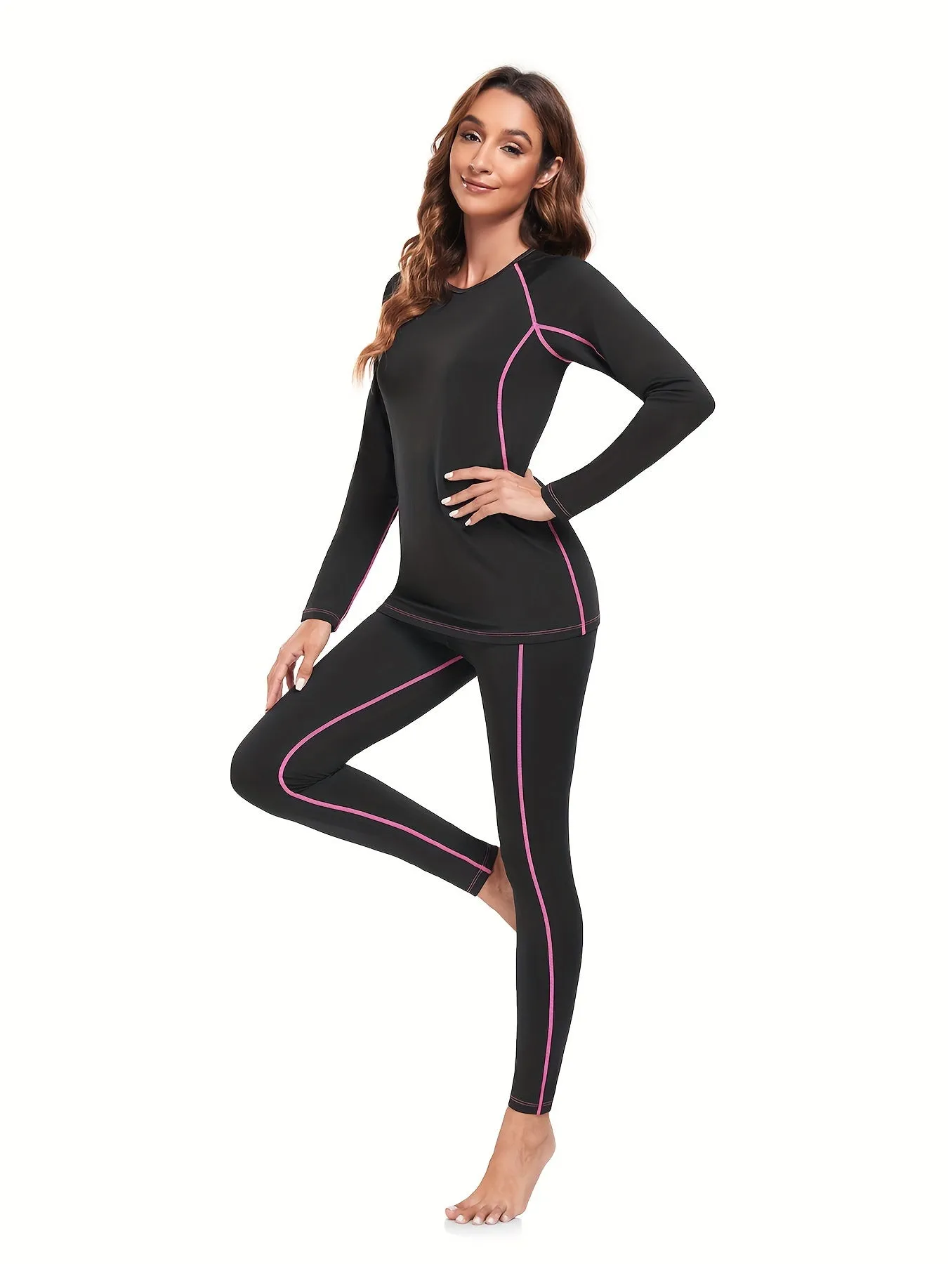 Seamless Thermal Underwear Set, Long Sleeve Crew Neck Tops & Pants, Women's Loungewear & Underwear