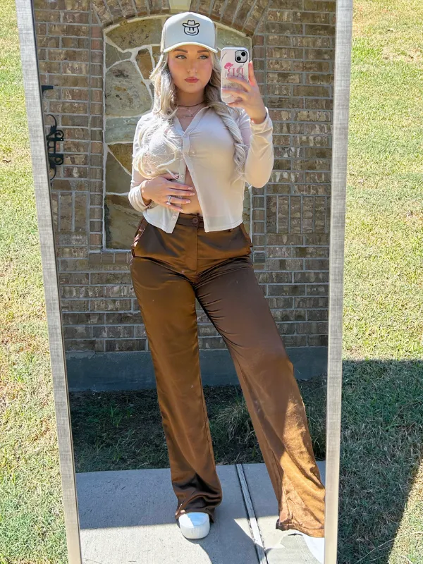She's Royalty High Rise Satin Pants, Brown