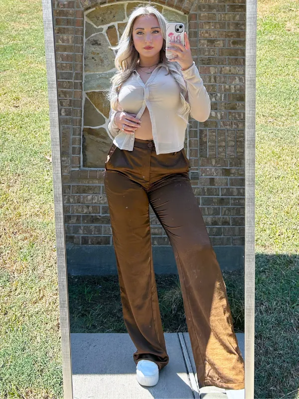 She's Royalty High Rise Satin Pants, Brown