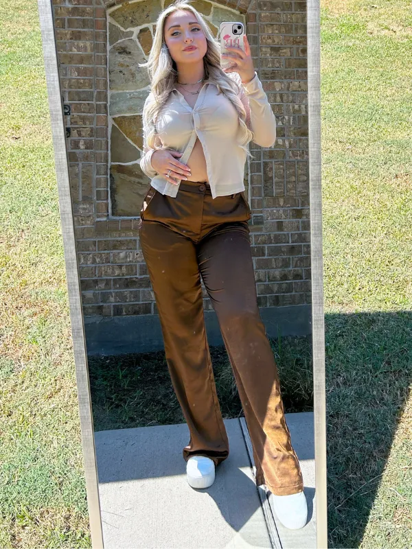 She's Royalty High Rise Satin Pants, Brown