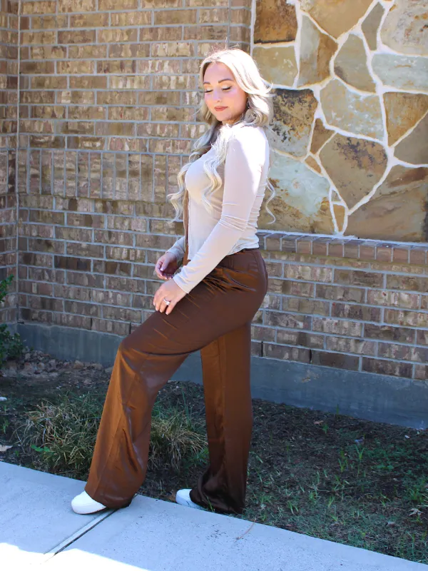 She's Royalty High Rise Satin Pants, Brown