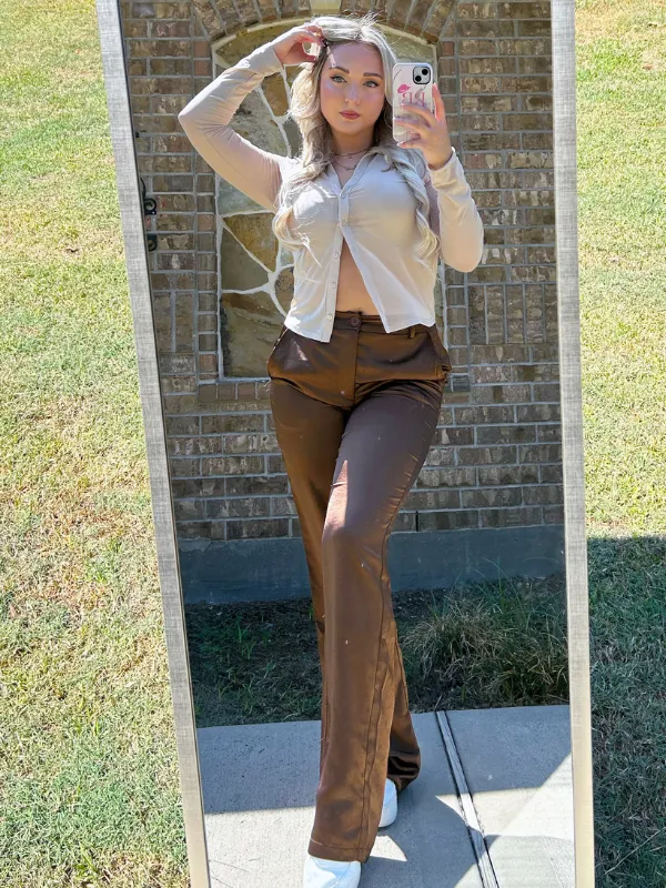 She's Royalty High Rise Satin Pants, Brown