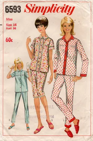 Simplicity 6593 Womens Yoked Contrast Trimmed Pyjamas 1960s Vintage Sewing Pattern Size 16 Bust 36 inches