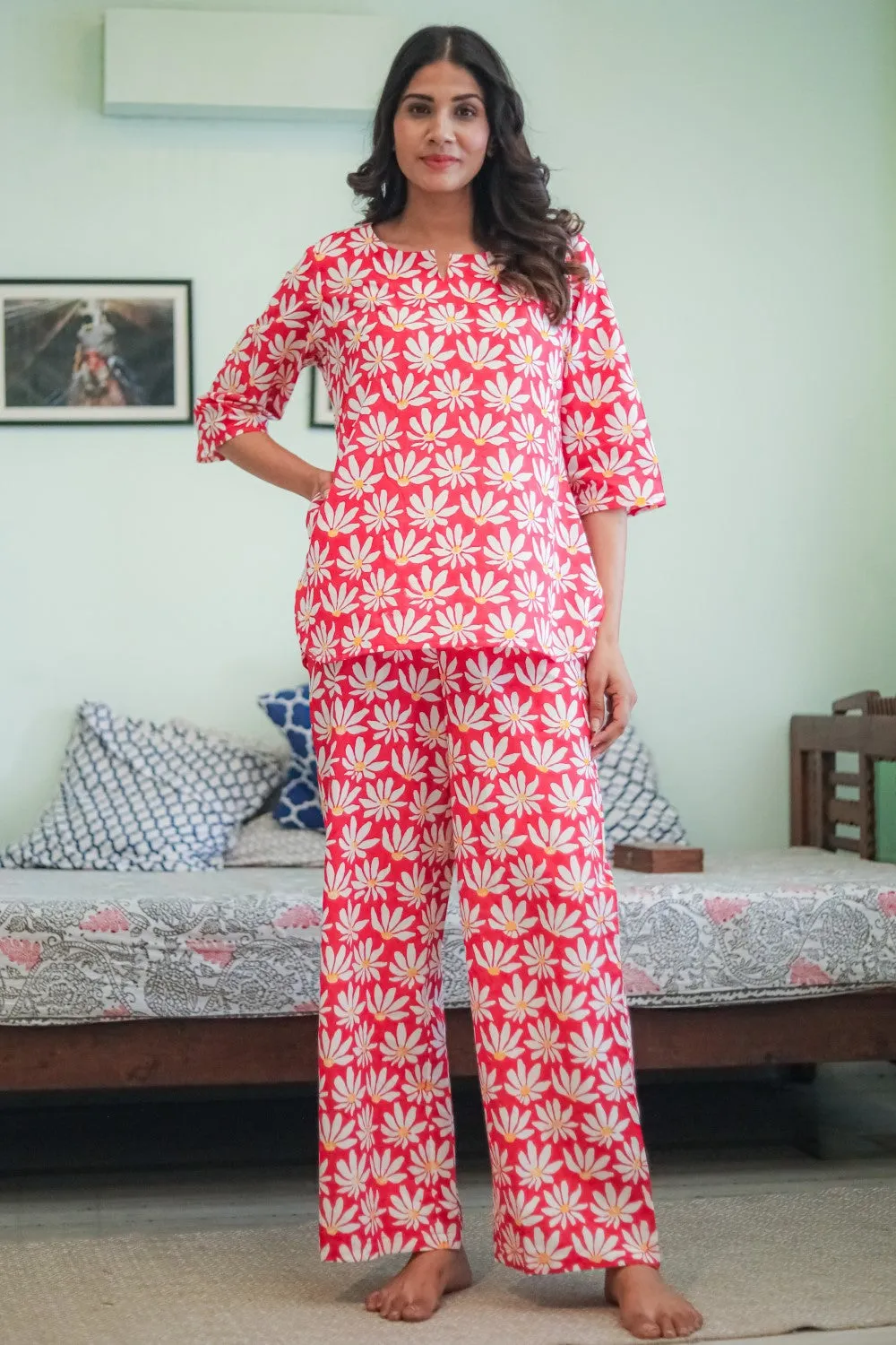 Sootisyahi 'Blush Floral' Handblock Printed Pure Cotton Night Suit
