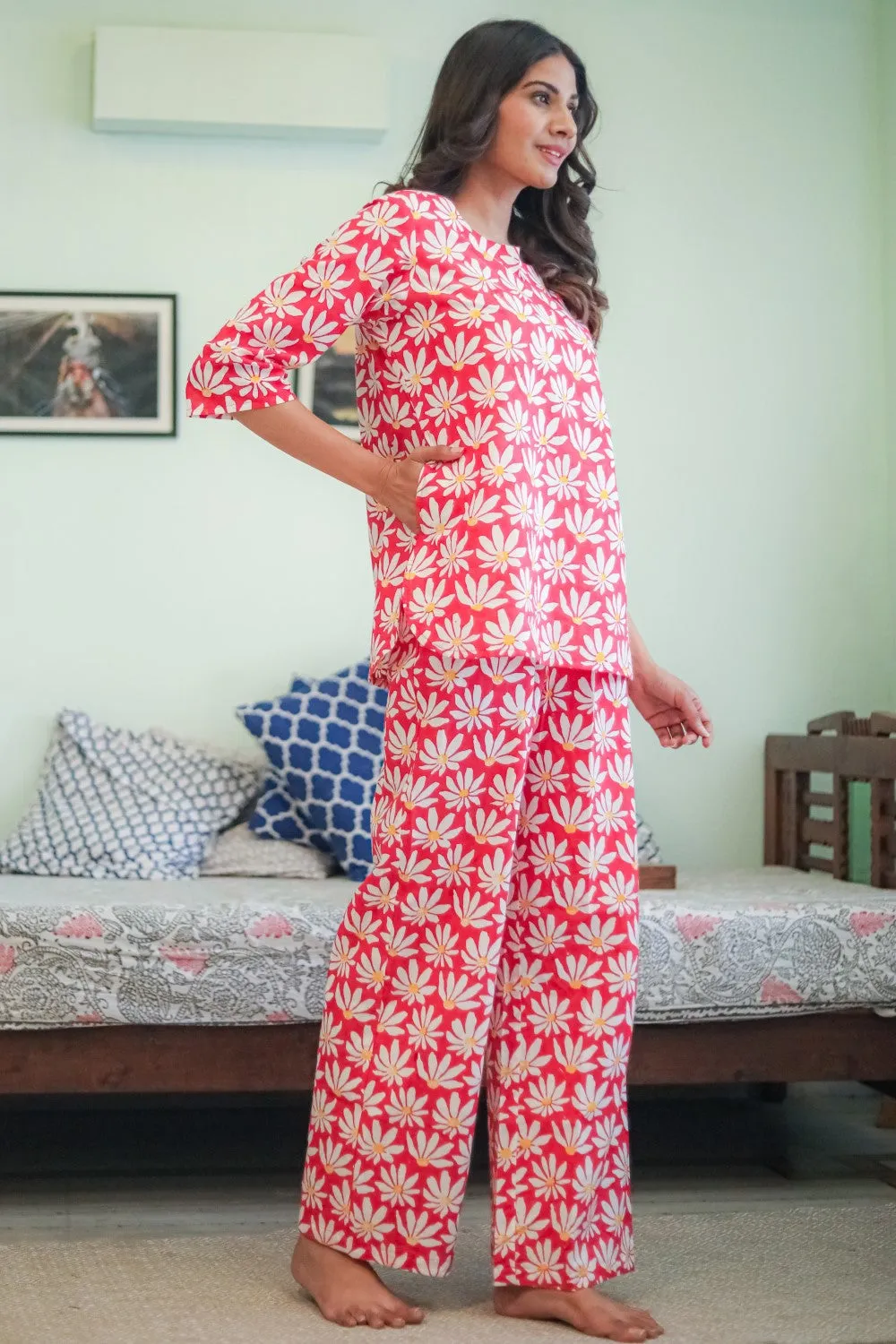 Sootisyahi 'Blush Floral' Handblock Printed Pure Cotton Night Suit