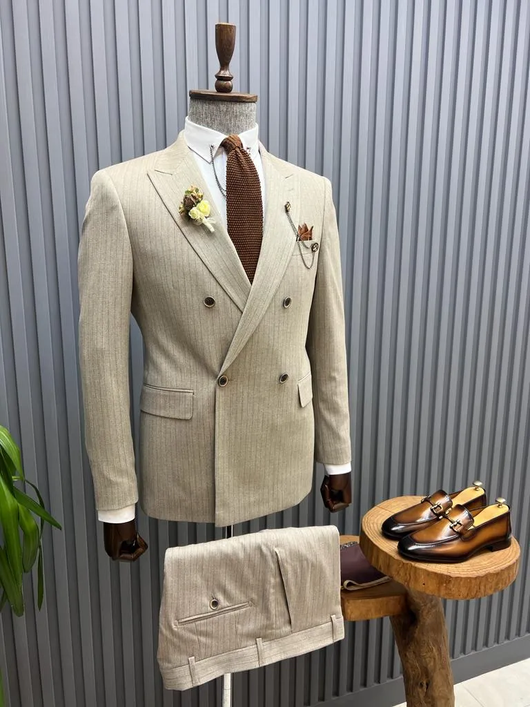 Sorento Beige Slim Fit Double Breasted Pinstripe Suit - Versatile Elegance