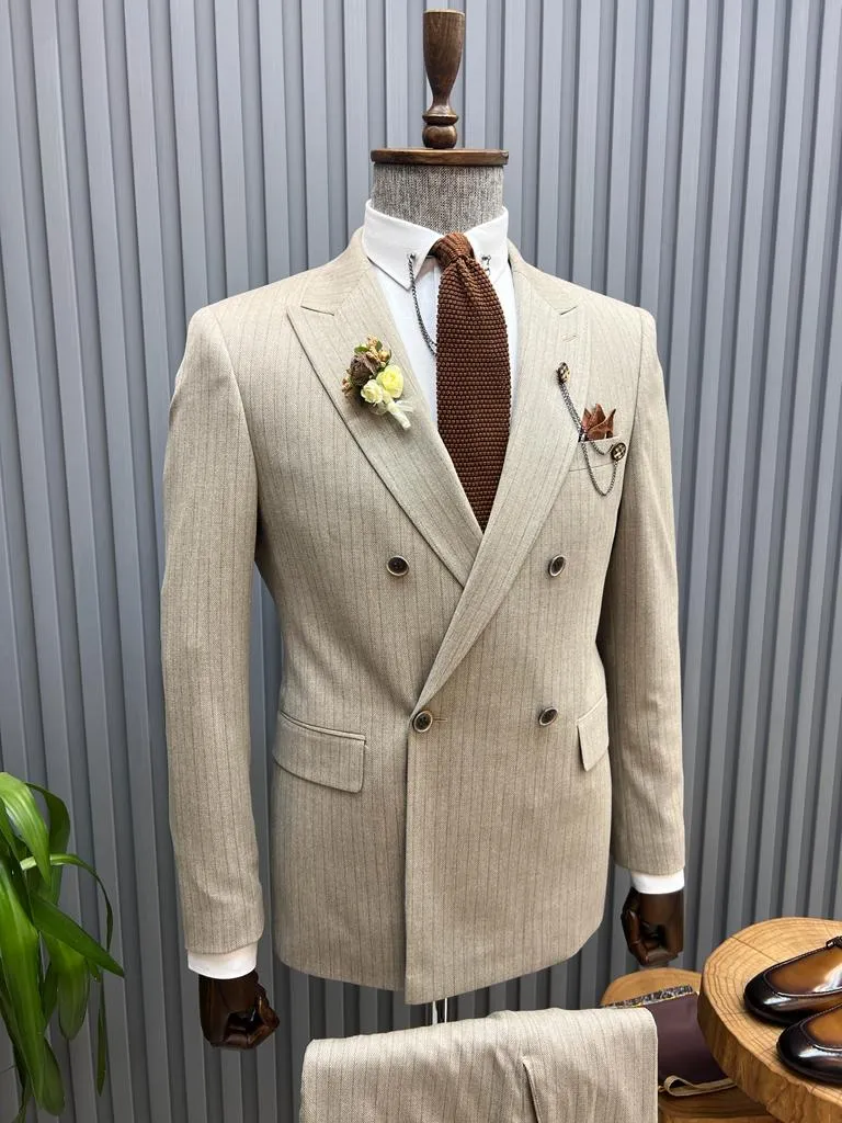 Sorento Beige Slim Fit Double Breasted Pinstripe Suit - Versatile Elegance