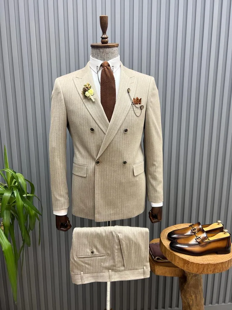 Sorento Beige Slim Fit Double Breasted Pinstripe Suit - Versatile Elegance