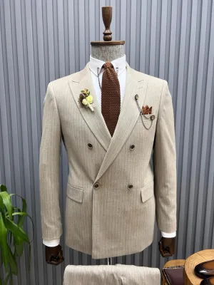 Sorento Beige Slim Fit Double Breasted Pinstripe Suit - Versatile Elegance