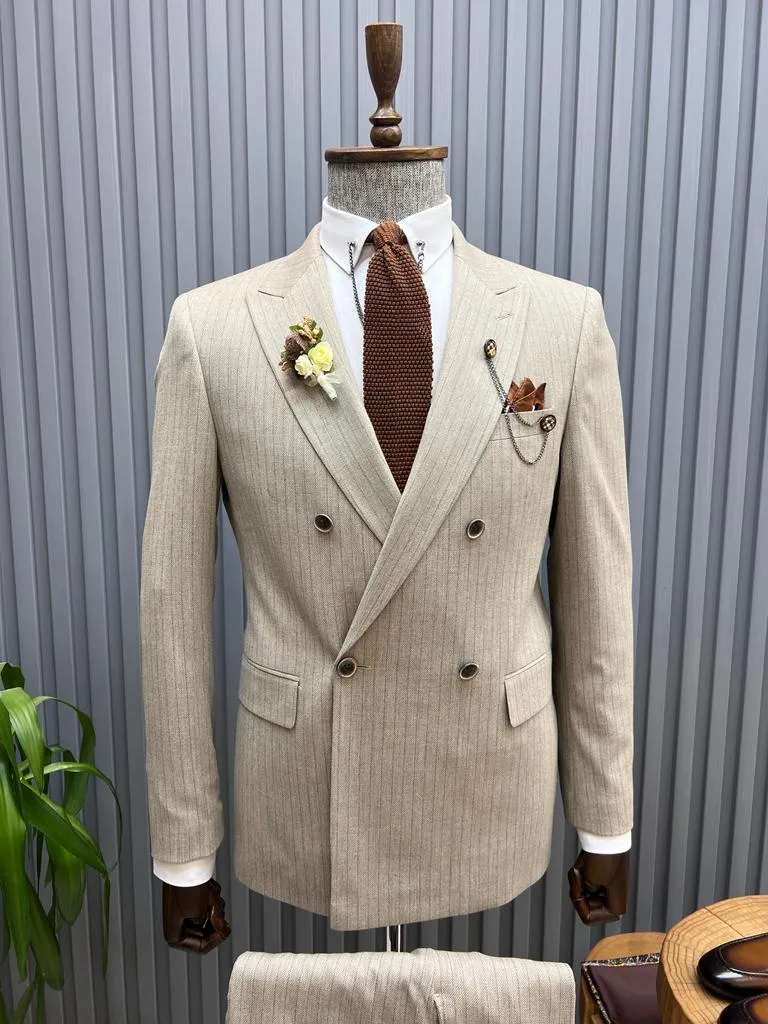 Sorento Beige Slim Fit Double Breasted Pinstripe Suit - Versatile Elegance