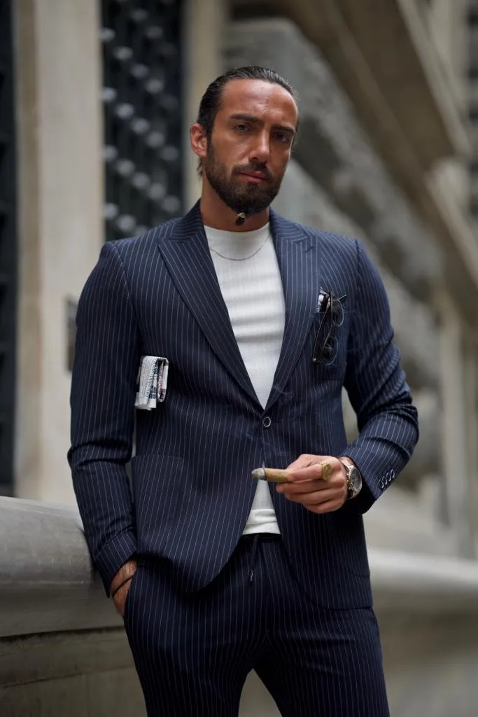 Sorento Dark Blue Slim Fit Double Breasted Pinstripe Suit