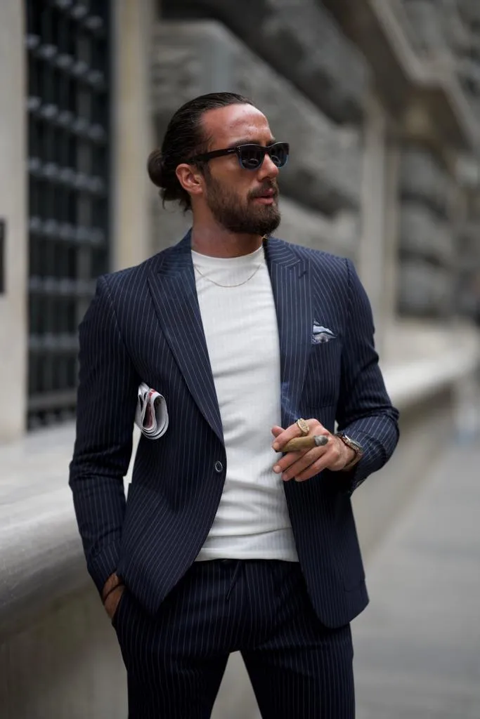 Sorento Dark Blue Slim Fit Double Breasted Pinstripe Suit