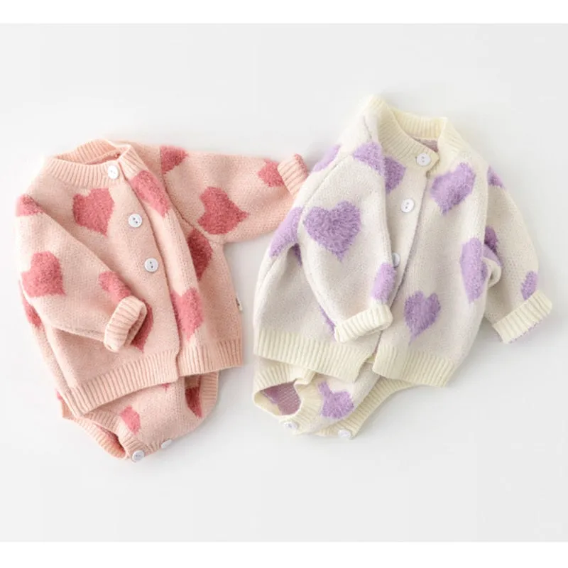 Spring Autumn Infant Baby Girls Knit Long Sleeve Loving Heart Coat   Rompers Clothing Sets Kids Girls Suit Clothes 0-2Yrs