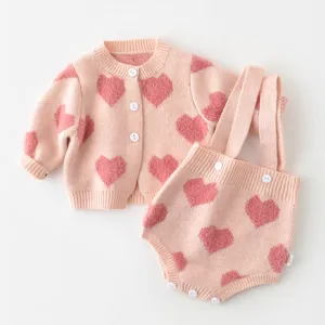Spring Autumn Infant Baby Girls Knit Long Sleeve Loving Heart Coat   Rompers Clothing Sets Kids Girls Suit Clothes 0-2Yrs