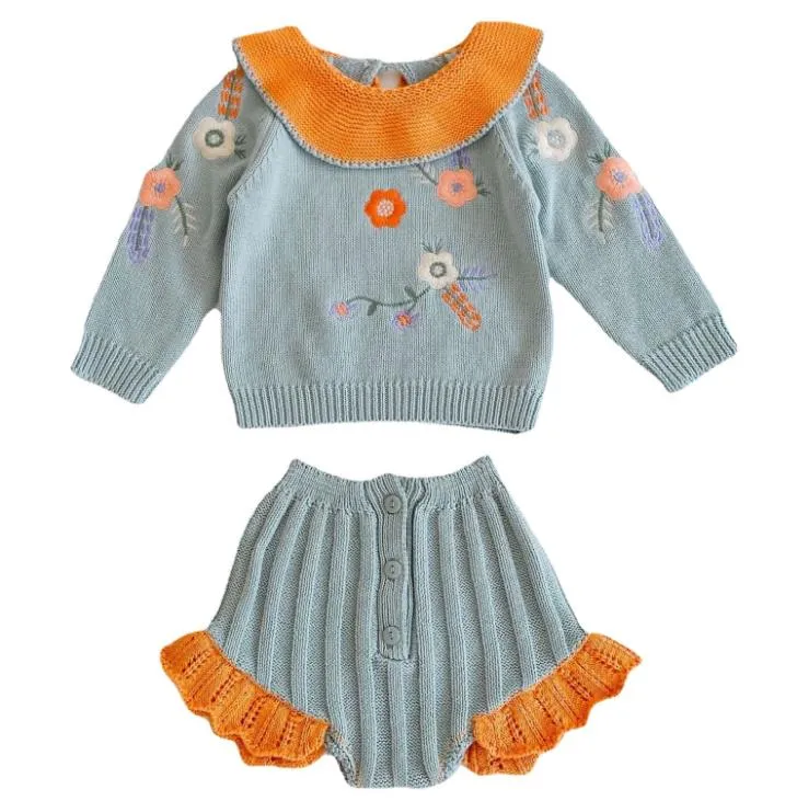 Spring Autumn Infant Baby Girls Knit Long Sleeve Loving Heart Coat   Rompers Clothing Sets Kids Girls Suit Clothes 0-2Yrs