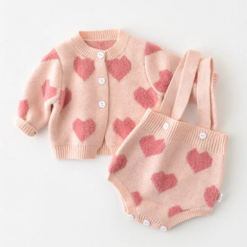 Spring Autumn Infant Baby Girls Knit Long Sleeve Loving Heart Coat   Rompers Clothing Sets Kids Girls Suit Clothes 0-2Yrs