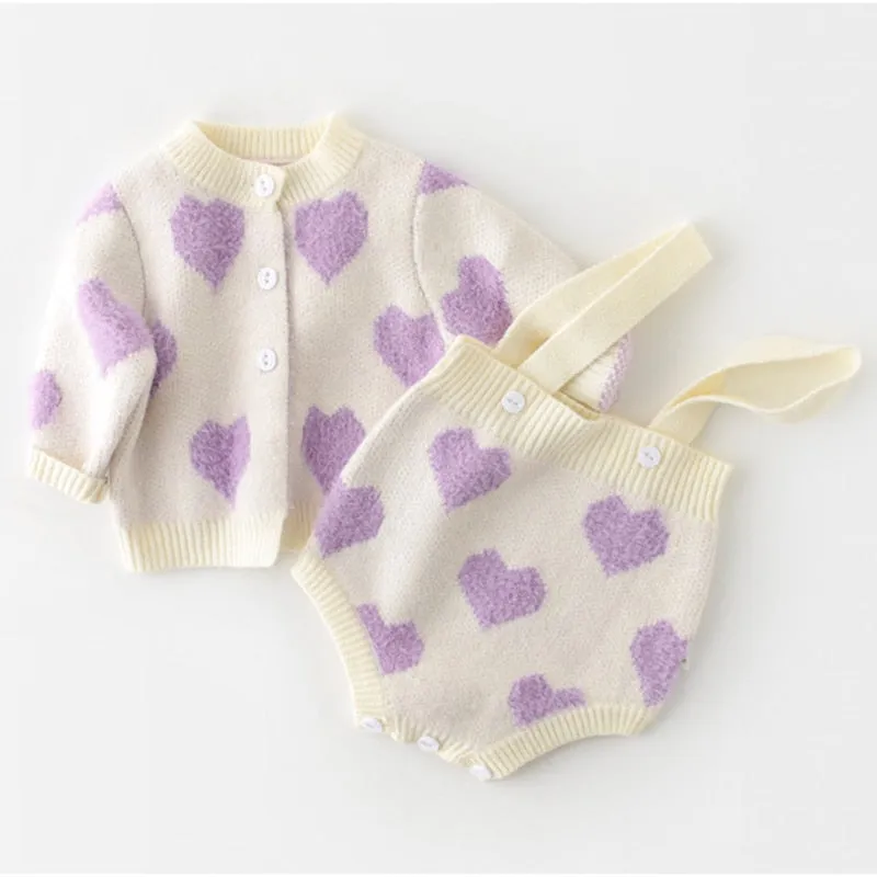 Spring Autumn Infant Baby Girls Knit Long Sleeve Loving Heart Coat   Rompers Clothing Sets Kids Girls Suit Clothes 0-2Yrs