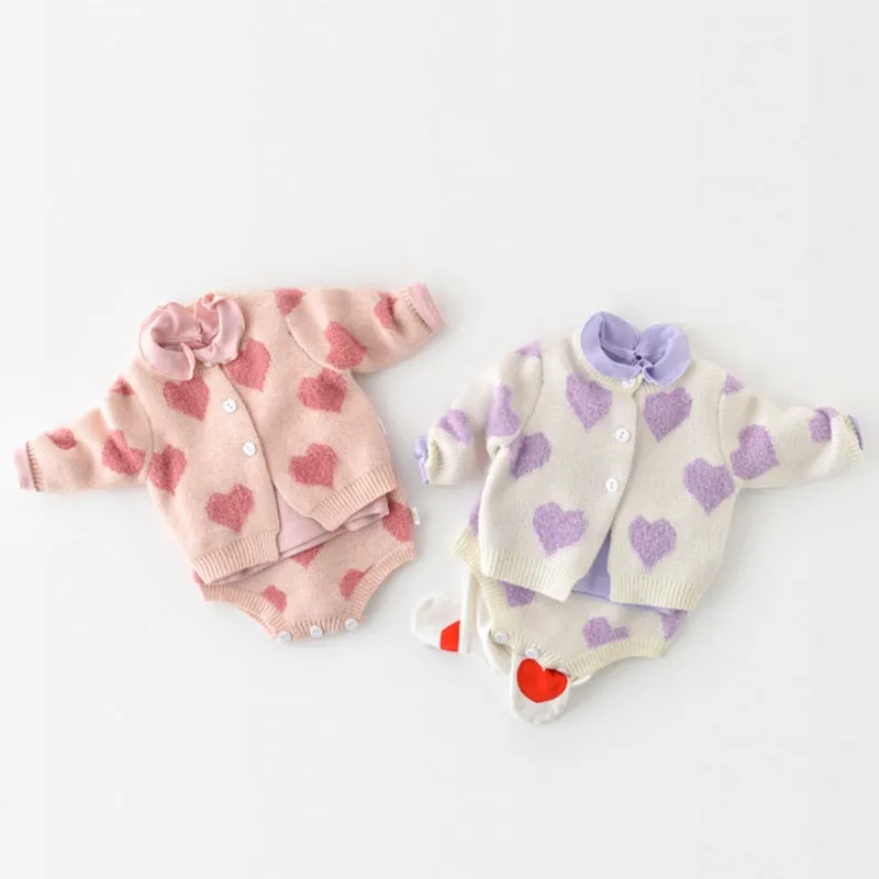 Spring Autumn Infant Baby Girls Knit Long Sleeve Loving Heart Coat   Rompers Clothing Sets Kids Girls Suit Clothes 0-2Yrs