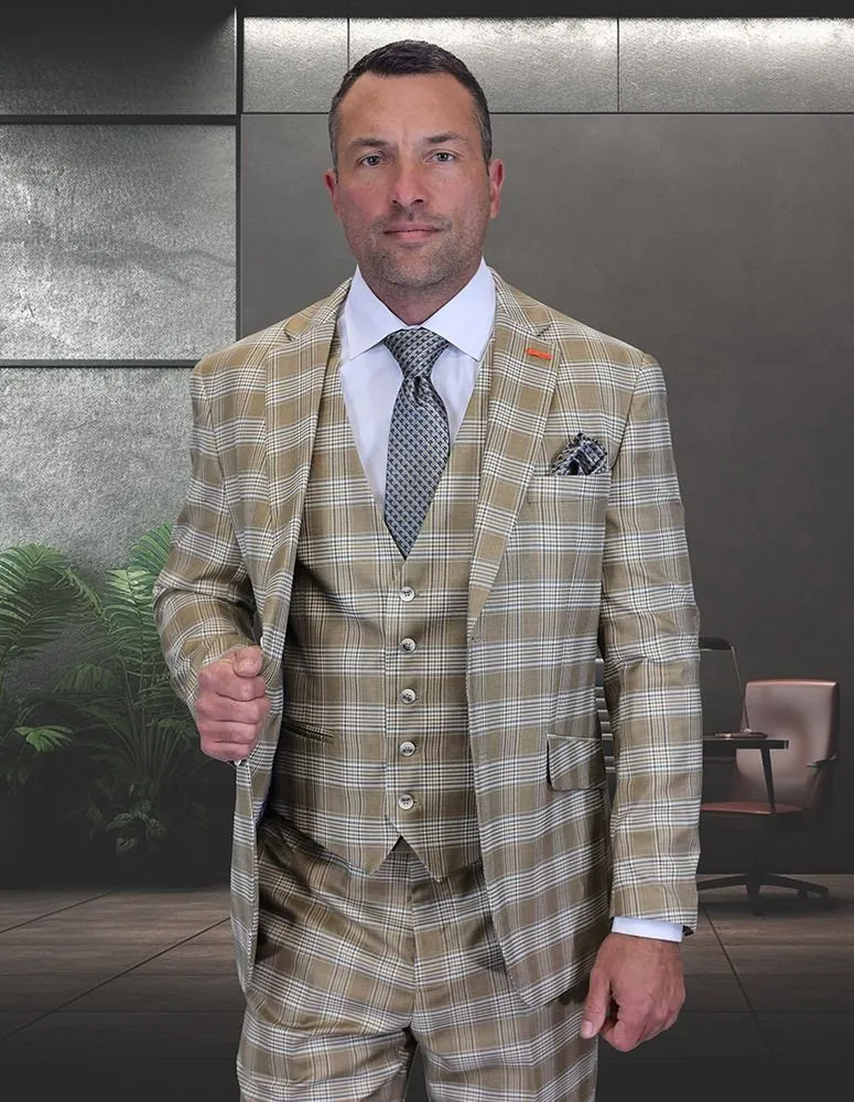 Statement Men's 3-Piece Modern Fit Suit – 100% Wool with Refined Plaid Pattern