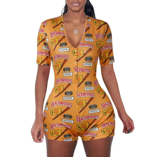 Strawberry Bodysuit Skinny Sleeveless Deep V Neck Bodycon Sleepwear