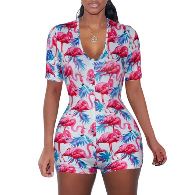Strawberry Bodysuit Skinny Sleeveless Deep V Neck Bodycon Sleepwear