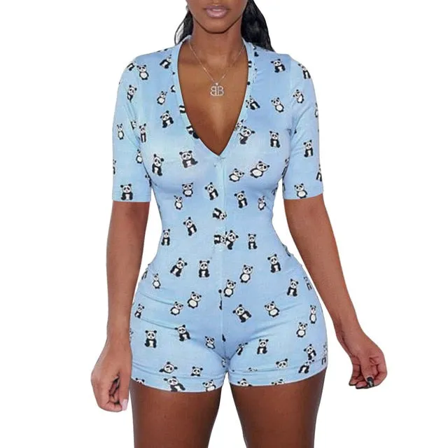 Strawberry Bodysuit Skinny Sleeveless Deep V Neck Bodycon Sleepwear