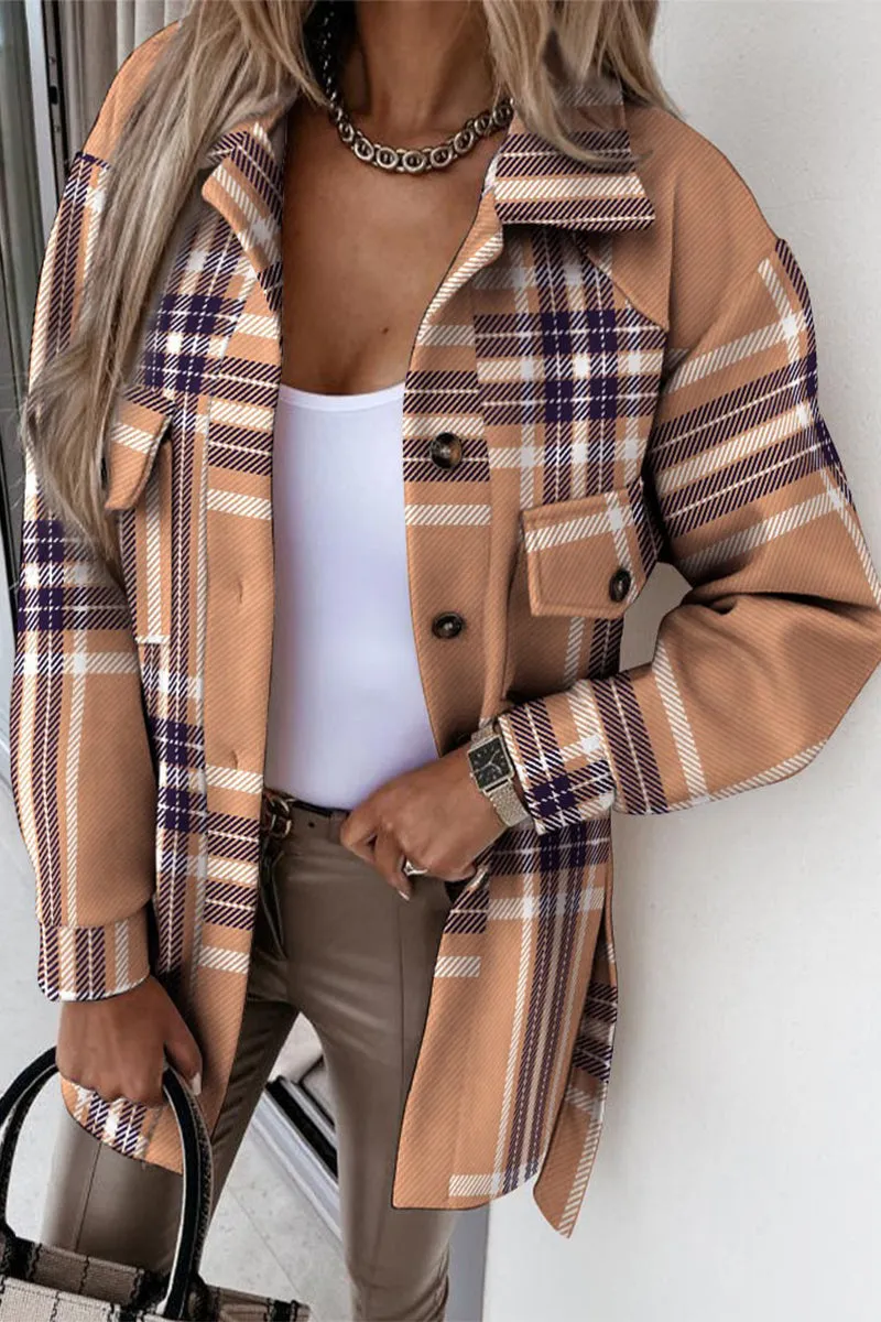 Street Plaid Buckle With Belt Turndown Collar Outerwear