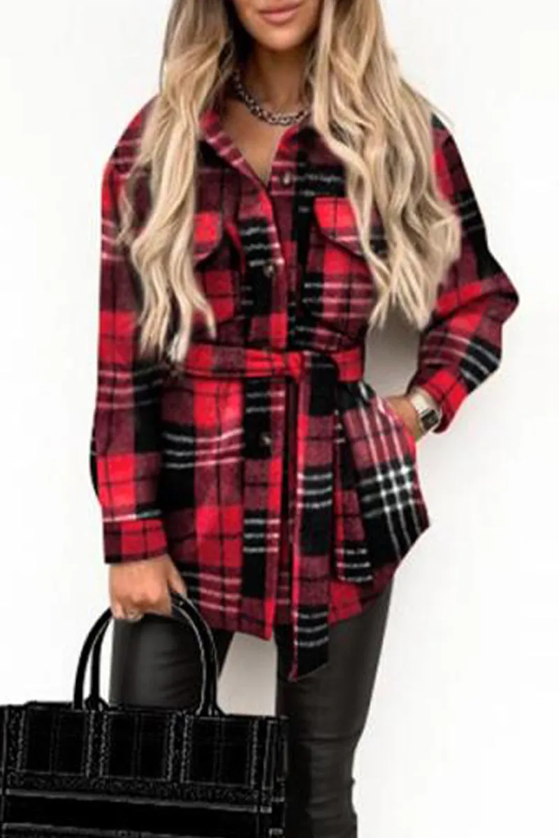 Street Plaid Buckle With Belt Turndown Collar Outerwear