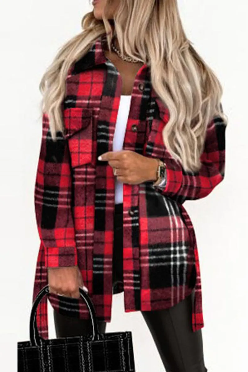 Street Plaid Buckle With Belt Turndown Collar Outerwear