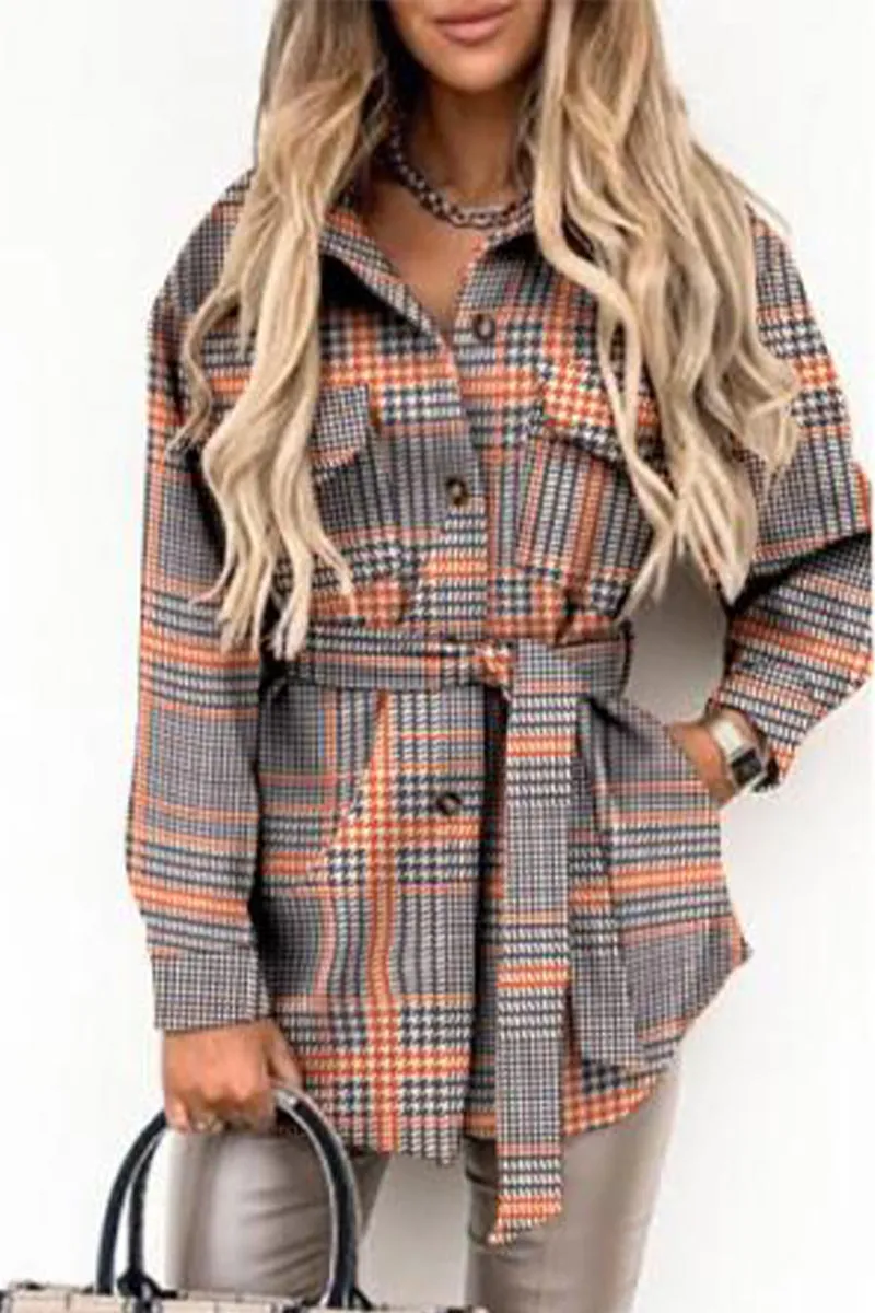 Street Plaid Buckle With Belt Turndown Collar Outerwear