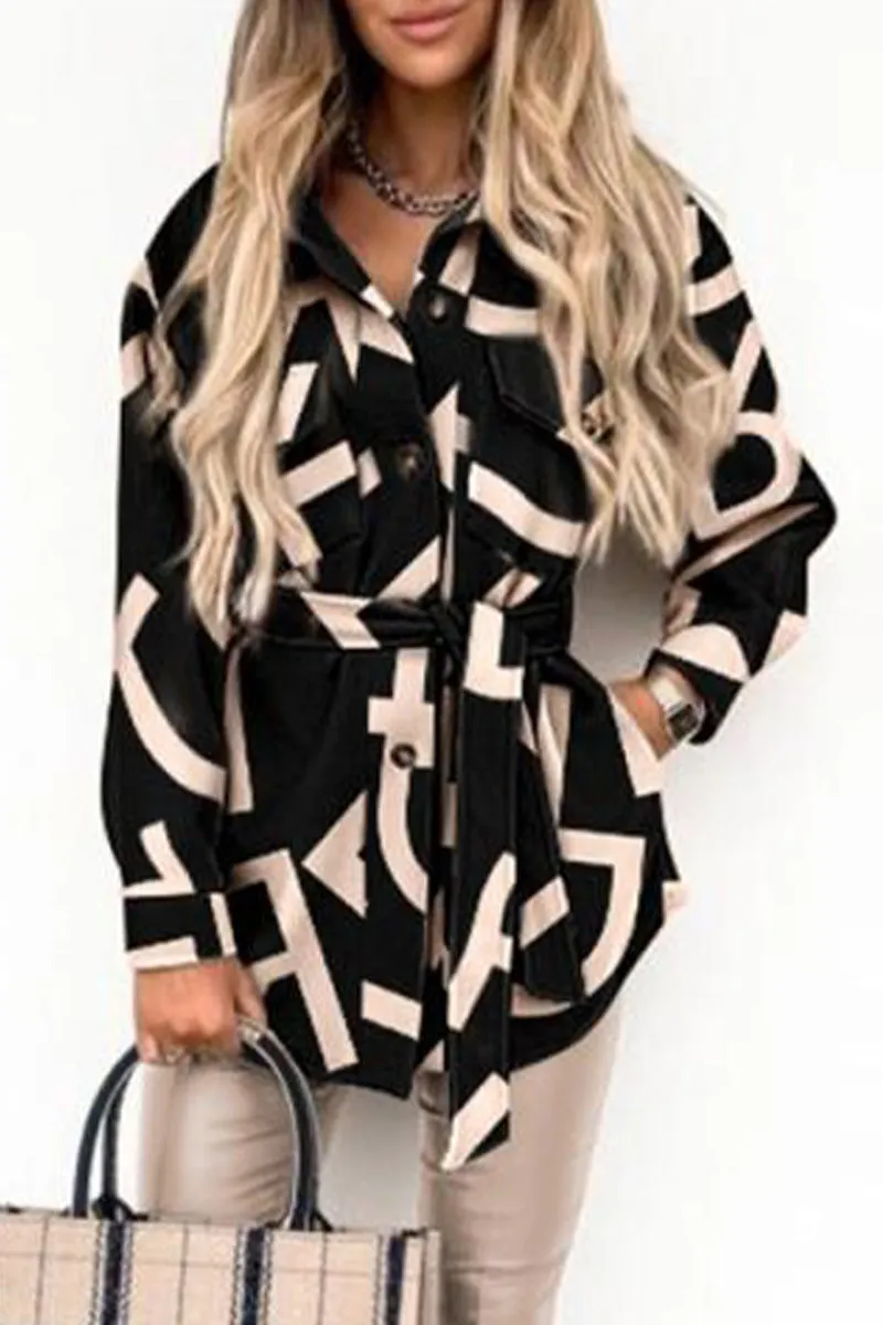 Street Plaid Buckle With Belt Turndown Collar Outerwear