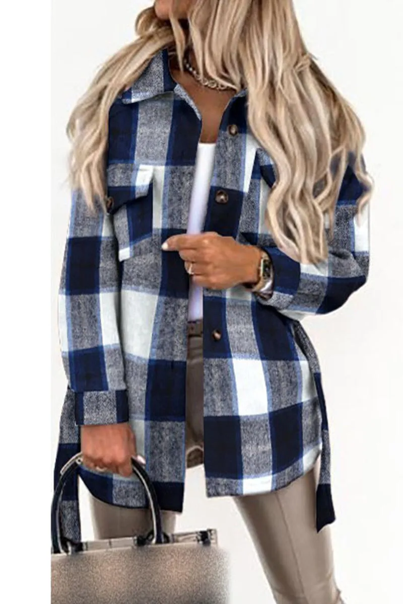 Street Plaid Buckle With Belt Turndown Collar Outerwear