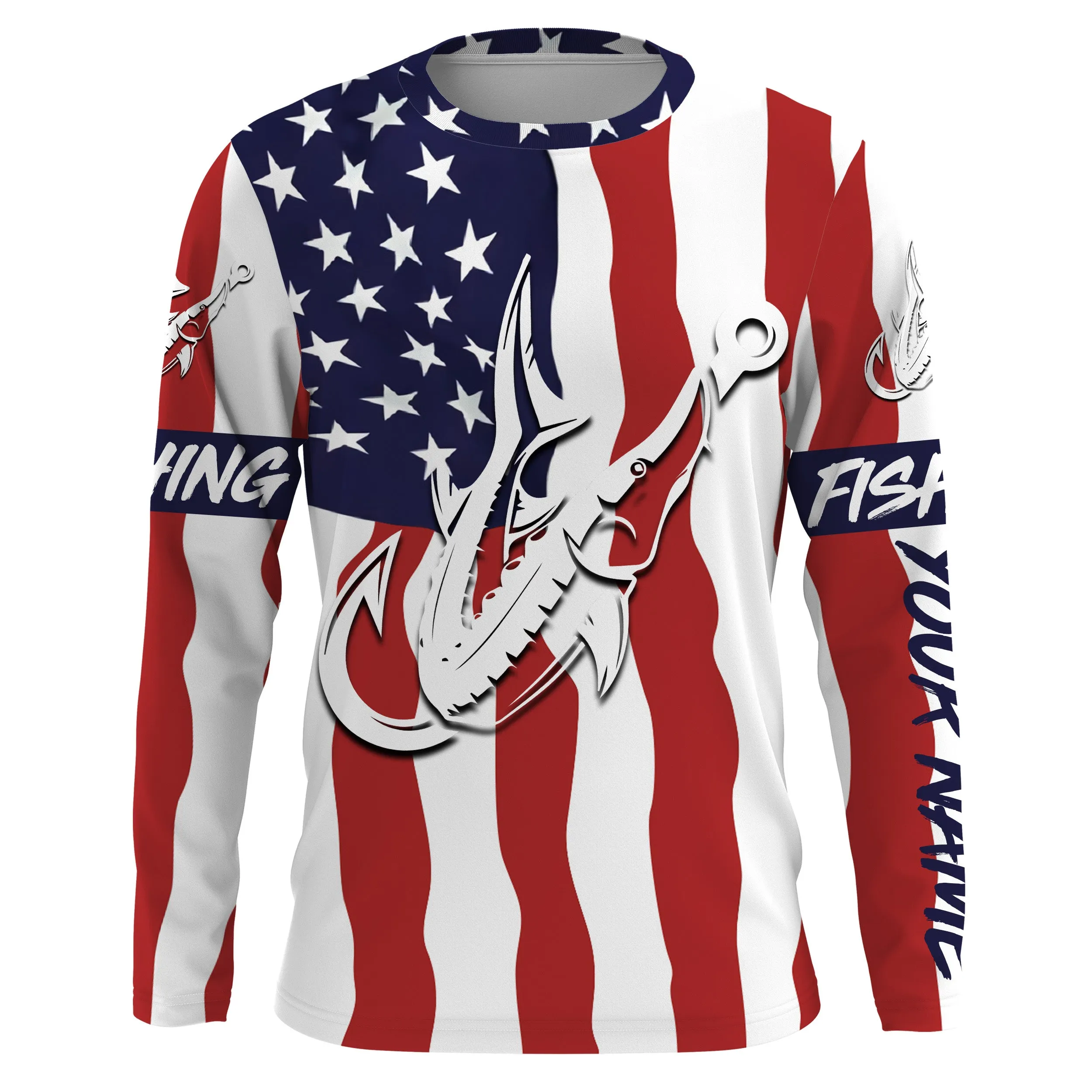 Sturgeon fishing American Flag Fish hook Custom Long sleeve, Long Sleeve Hooded NPQ755
